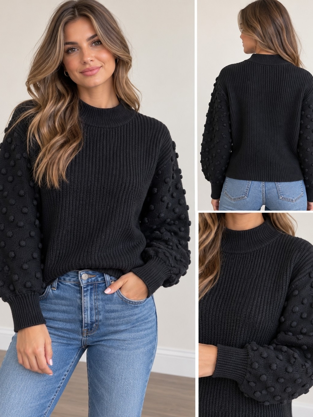 CeCe Black Bobble Sleeve Sweater Textured Balloon Sleeve Mock Neck